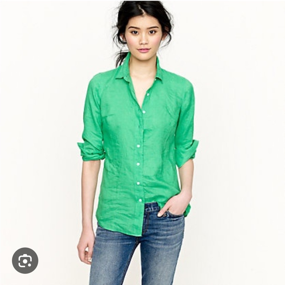 J. Crew Linen Green Perfect Shirt - Picture 9 of 9
